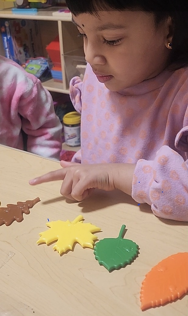 Child exploring colorful leaf shapes in a sensory activity